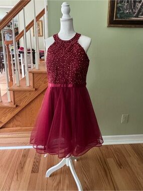 Cindy Collection Juniors Burgundy Beaded Tulle Party Dress
